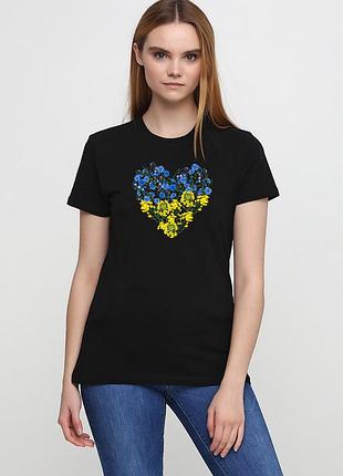 Футболка жіноча чорна з принтом "серце з квітів", 2xl