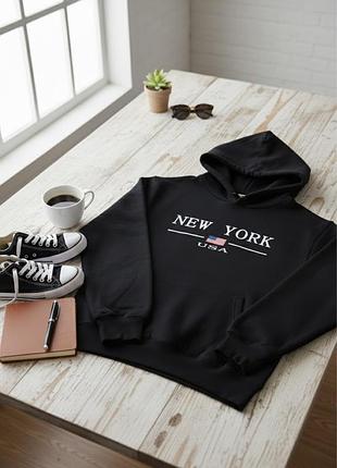 Худі унісекс однотонний осінь-зима на флісі oversize з написом new york g&n чорний