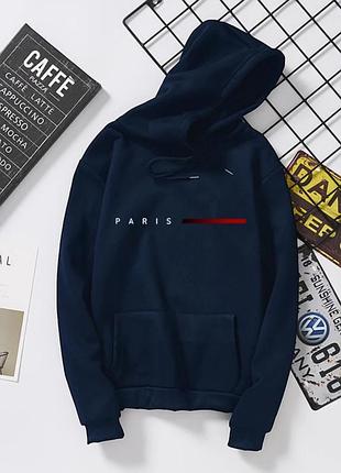 Худи унисекс однотонный осень-зима на флисе oversize с надписью paris темно-синий