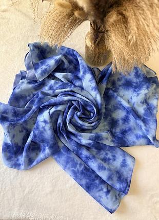 Великий шовковистий палантин шарф тай-дай (shibori), синьо-білий, 180х90 см