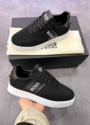 Hugo boss брендовые мужские кроссовки кеды черные белая подошва