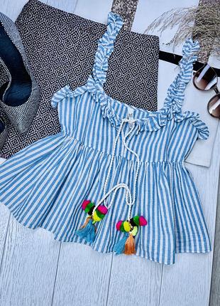 Літній топ zara xs короткий топ смугастий бавовняний топ з льоном топ з помпонами зара