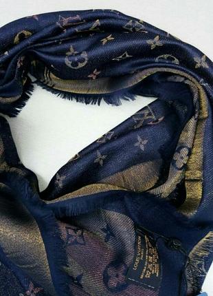 Louis vuitton шарф, хустку жіночий синій із золотим люрексом кашемір/шовк