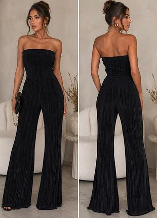Новий комбінезон prettylittlething плісе чорний кльош високої посадки s (36)