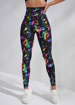 Висока посадка ⚡ shein sport splash ink 💖 спортивні легінси лосини xs-s 🧘‍♀️ яскраві спортивні штани для йоги
