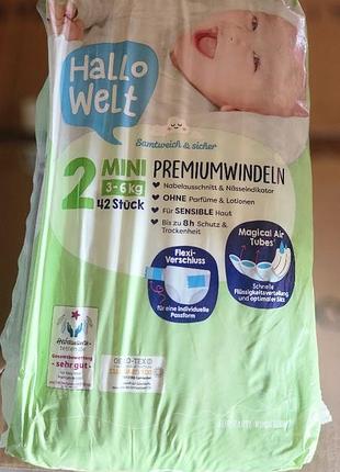 Підгузки преміум-класу hallo welt premium-windeln mini "2", 3-6кг, 42 шт. (німеччина)