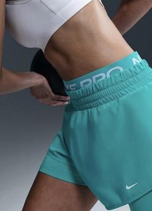 Жіночі бірюзові шорти для тренувань спорту nike pro performance 2 в 1 з поясом оригінал