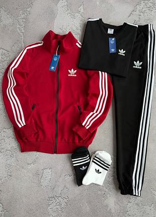 Чоловічий спортивний костюм adidas червоний/чорний адідас кофта + штани + футболка