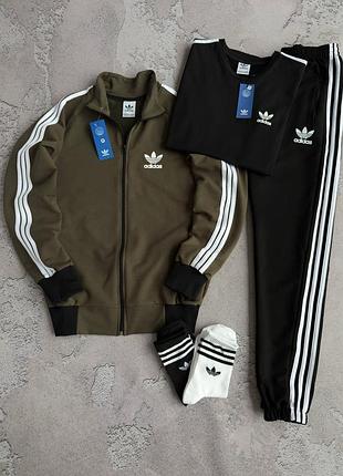 Чоловічий костюм adidas хакі/чорний кофта + штани + футболка весна/літо/осінь xs / s / m / l / xl / xxl / xxxl