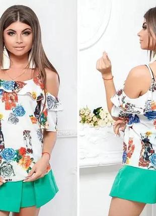 Блуза с открытыми плечами, арт. 108, цветок на белом
