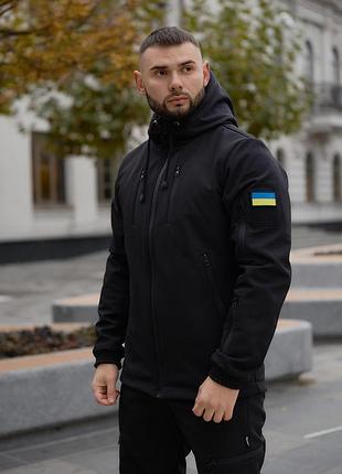 Куртка чоловіча софтшел на флісі чорна з шевроном🇺🇦
