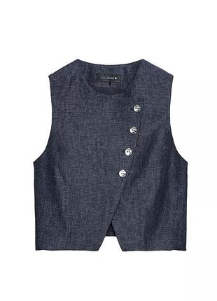 Синій індиго лляний двобортний жилет льон зара zara