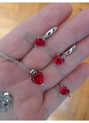Комплект из серебра 925 серьги цепочка подвеска кольца красные сердечки новый