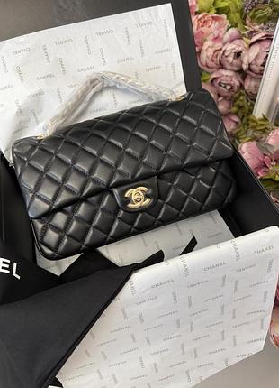 Кожаная сумка черная с золотой фурнитурой 25 см double flap