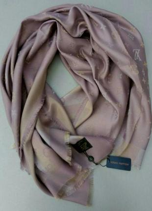 Брендовый шарф, платок женский сиреневый с золотистым люрексом кашемир / шелк