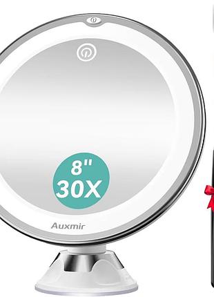 Косметичне дзеркало auxmir 30x з led-підсвічуванням, 3 режими світла, поворот 360°, присоска, 20 см + пінцет