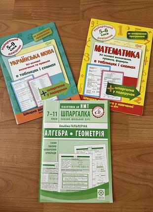 Посібники з української мови та математики для 5-9 класів, а також довідник "шпаргалка" з алгебри та геометрії для 7-11 класів