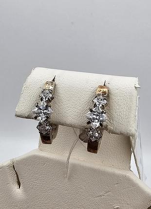 Сережки серебряные с фианитом и золотыми пластинами 3,37 г