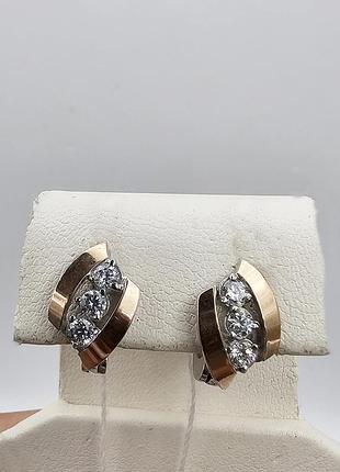Сережки серебряные с фианитом и золотыми пластинами 2,82 г