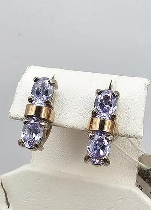 Сережки серебряные с аметист фианитом и золотыми пластинами 6,17 г