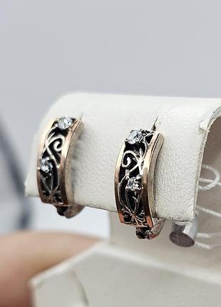 Сережки серебряные с кубическим цирконием и золотыми пластинами 2,93 г