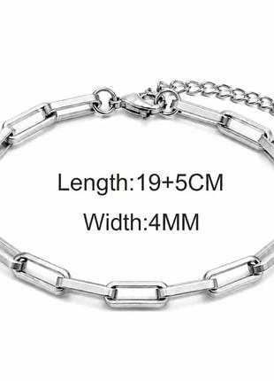 Браслет 4мм/ 19+5см, серебряный нержавеющая сталь, браслет на руку