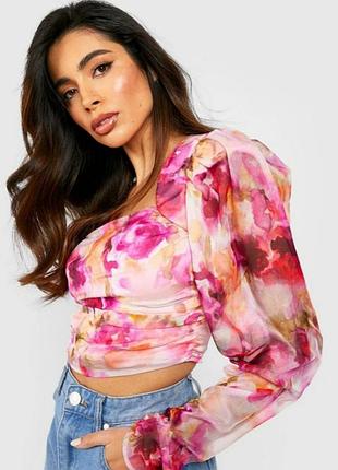 Блуза топ женская розовая корсетом в цветочный принт от бренда boohoo m