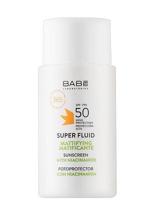 Сонцезахисний суперфлюїд для обличчя babe laboratorios super fluid spf 50 для всіх типів шкіри, з матувальним ефектом, 50 мл