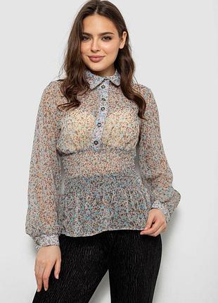 Блуза жіноча приталена, шифонова з віскози з квітковим принтом, v-виріз, бежево-блакитний, s