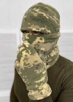 Набор шапки + бафф + перчатки флисовые пиксель. набор тактический военный на флисе