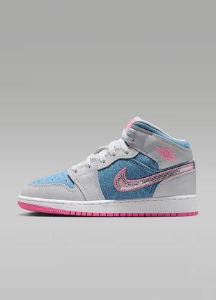 Чоловічі / жіночі кросівки найк аір джордан оригінал nike air jordan 1 mid se (gs) grey/blue hq1999-400