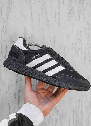 Чорні зимові чоловічі кросівки adidas iniki, теплі замшеві адики для холодного сезону