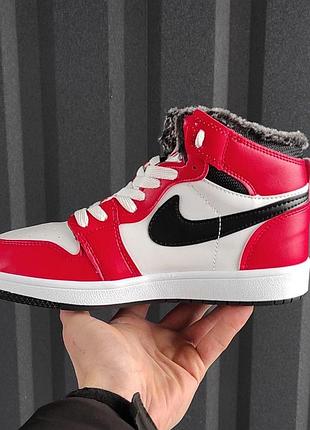 Мужские стильные кроссовки nike air jordan 1 зимние красного цвета, теплые найк джордан