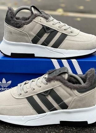 Adidas winter fur зимові чоловічі кросівки, сірі замшеві утеплені кроси на зиму для чоловіків