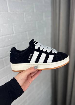 Зимові чоловічі кросівки adidas campus чорного кольору, теплі та зручні адідас кампус для зими, адіки для зими
