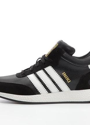 Зимові чорні чоловічі кросівки adidas iniki, теплі замшеві адики для зимового комфорту