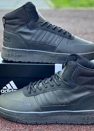 Чоловічі кросівки adidas boots зимові, чорні прорезинена шкіра утеплені для зими адики