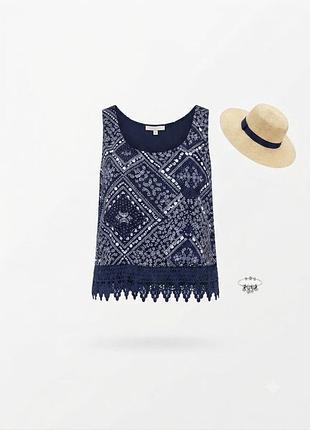 Синий топ h&m с принтом пейсли и кружевом / легкая летняя майка размер uk 10 (eur 36 / s)