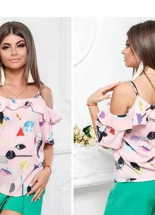 Блуза с открытыми плечами, арт. 108, геометрия на розовом
