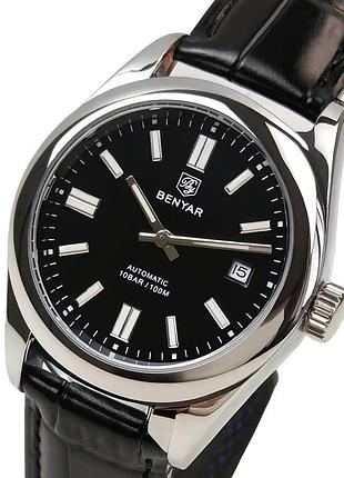 Наручные часы benyar automatic leather deluxe механические 39 мм сталь черный серебристый кожа (909538)