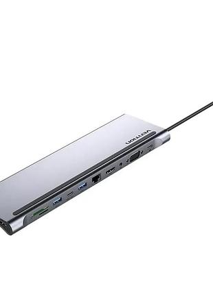 Usb-хаб vention multi-function 11-in-1 type-c до hdmi/vga/usb 3.0x3/sd/tf/rj45/3.5mm 0,25 м срібний (871015)