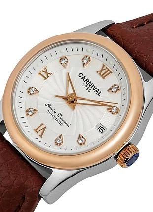 Женские механические часы carnival white leather classic 27 мм серебристый металлический браслет (909184)