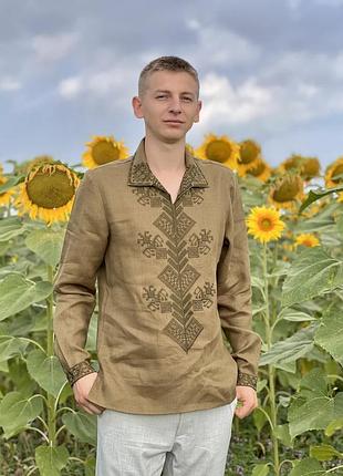 Мужская вышитая рубашка хаки 100% лен 2xl зеленая (876097)