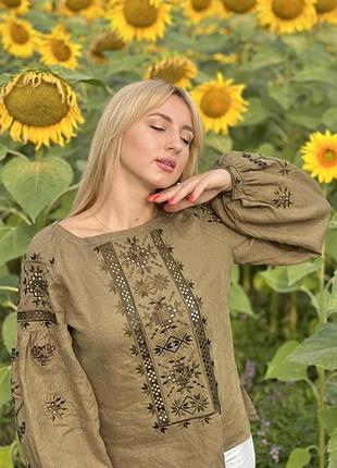 Женская вышитая сорочка m хаки 100% лен limaso (875847)