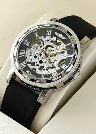 Механічні годинники winner black r-series 41 мм шкіра чорна сріблястий корпус (908941)