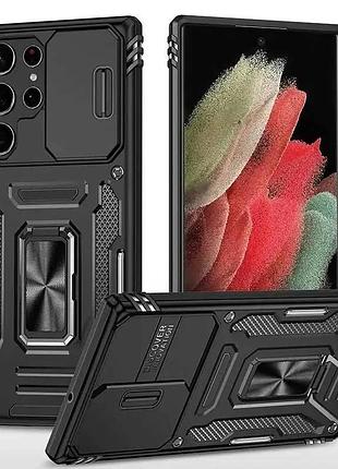 Ударопрочний чохол для samsung galaxy s21 ultra з кільцем-держателем і шторкою для камери чорний tpu+pc (909563)