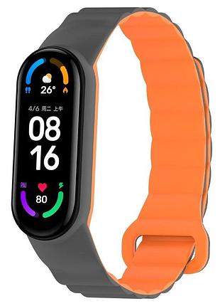 Ремінець dual-color magnetic для xiaomi mi band 3/4/5/6/7 силіконовий 20 см сірий/помаранчевий (925424)