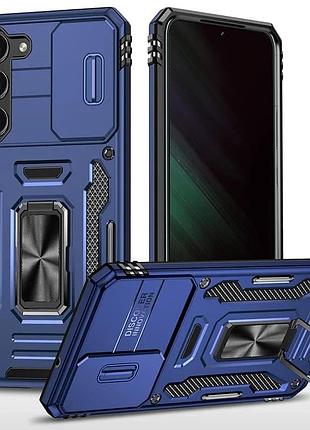 Ударопрочний чохол для samsung galaxy s21 fe з кільцем-держателем та шторкою для камери силікон+полікарбонат синій (926345)