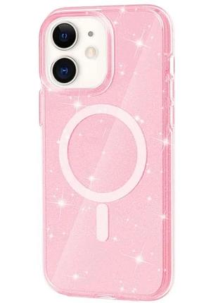 Чехол накладка tpu для apple iphone 11 (6.1") розовый+глиттер magsafe (923452)