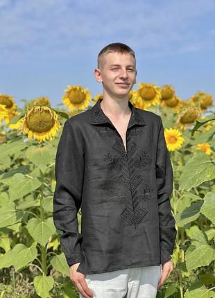 Мужская вышитая рубашка limaso svch4 черная 100% лен 2xl (876541)